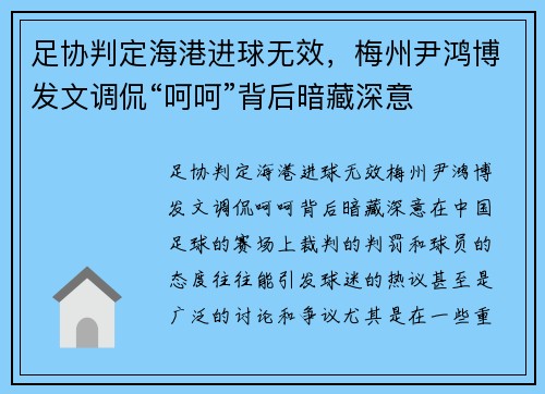 足协判定海港进球无效，梅州尹鸿博发文调侃“呵呵”背后暗藏深意