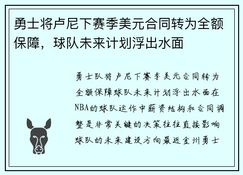 勇士将卢尼下赛季美元合同转为全额保障，球队未来计划浮出水面