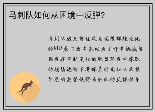 马刺队如何从困境中反弹？