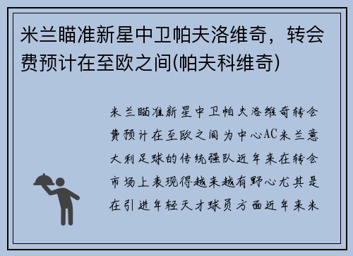 米兰瞄准新星中卫帕夫洛维奇，转会费预计在至欧之间(帕夫科维奇)