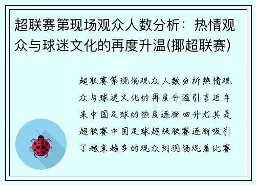 超联赛第现场观众人数分析：热情观众与球迷文化的再度升温(揶超联赛)