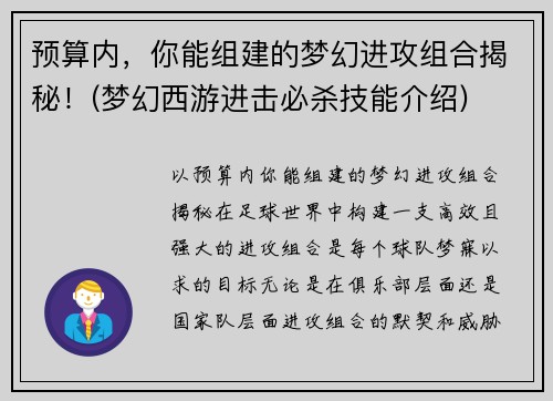预算内，你能组建的梦幻进攻组合揭秘！(梦幻西游进击必杀技能介绍)