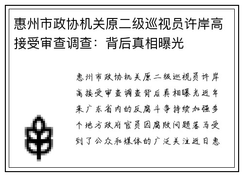 惠州市政协机关原二级巡视员许岸高接受审查调查：背后真相曝光