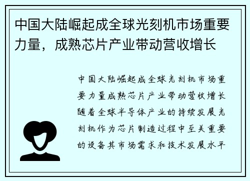 中国大陆崛起成全球光刻机市场重要力量，成熟芯片产业带动营收增长